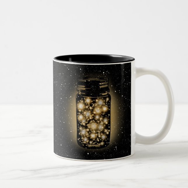Glowing Jar Of Fireflies With Night Stars Two-Tone Coffee Mug (Right)