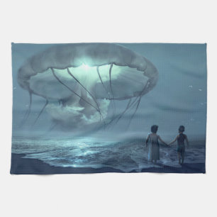 Glowing jellyfish cloud over ocean beach blue tea towel