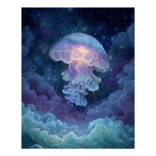 Glowing Jellyfish in Starry Cloud Sky Art Poster