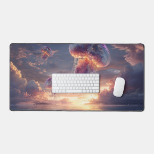 Glowing Jellyfish in Sunset Skies Desk Mat