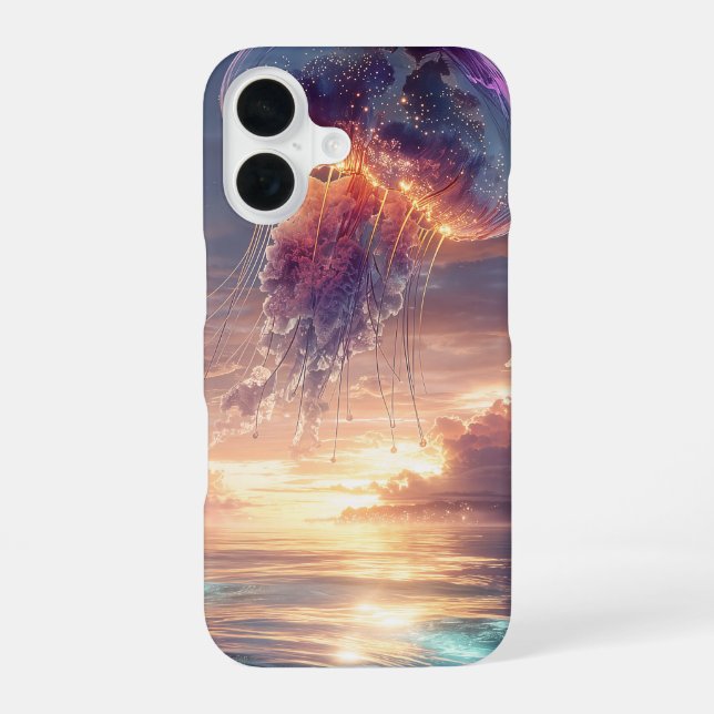 Glowing Jellyfish in Sunset Skies iPhone 16 Case (Back)