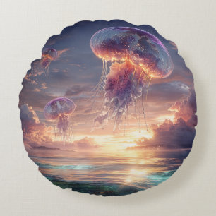 Glowing Jellyfish in Sunset Skies Round Cushion
