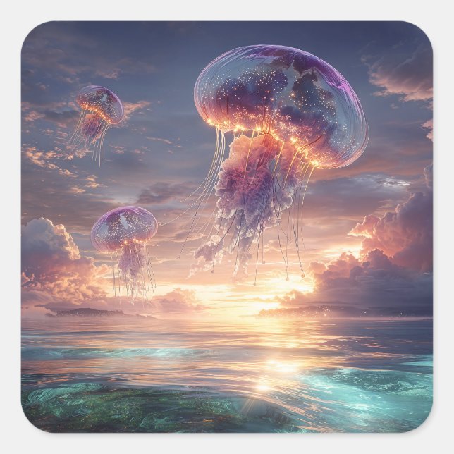 Glowing Jellyfish in Sunset Skies Square Sticker (Front)