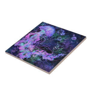 Glowing Jellyfish - Migned Drawing Art Collection Ceramic Tile