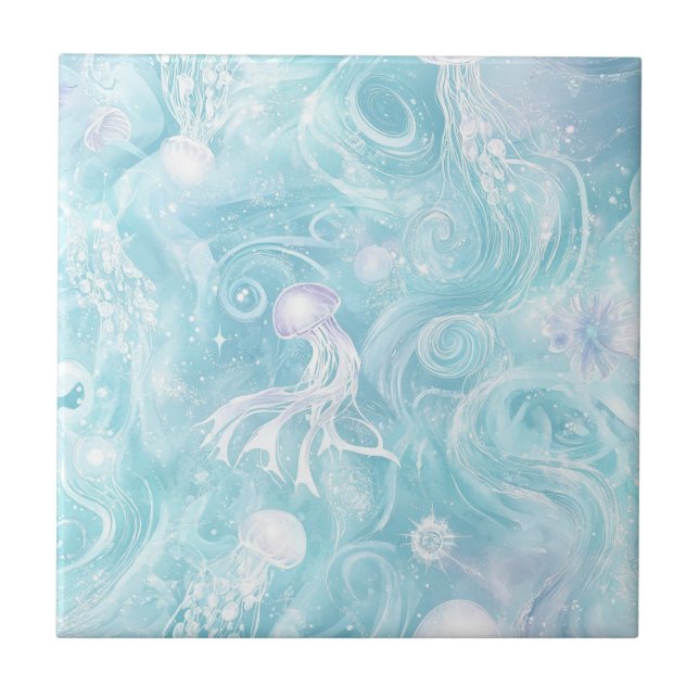 Glowing Jellyfish Ocean Pattern Ceramic Tile (Front)