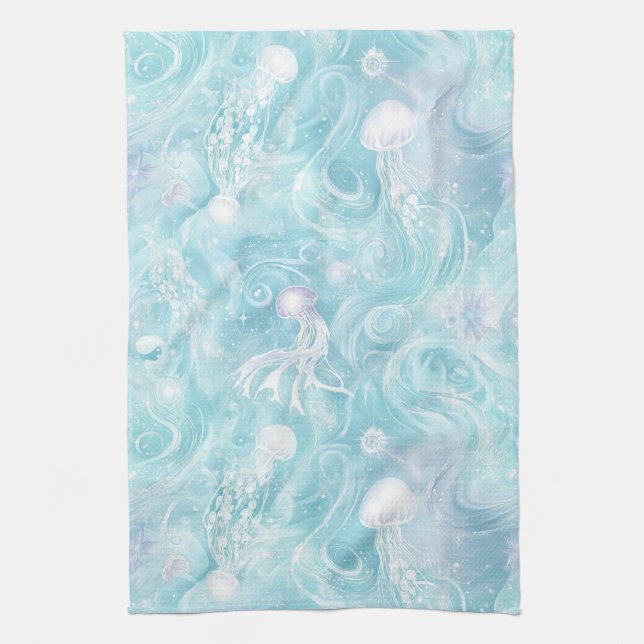 Glowing Jellyfish Ocean Pattern Tea Towel (Vertical)