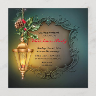 Glowing Lantern Holly Pine Cone Christmas Holiday Invitation