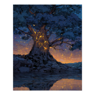 Glowing Lantern Tree Night Fantasy Art Poster