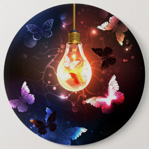 Glowing Light Bulb with Night Butterflies 6 Cm Round Badge