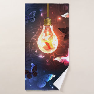 Glowing Light Bulb with Night Butterflies Bath Towel