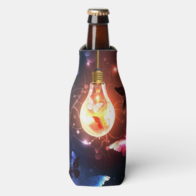 Glowing Light Bulb with Night Butterflies Bottle Cooler (Bottle Front)