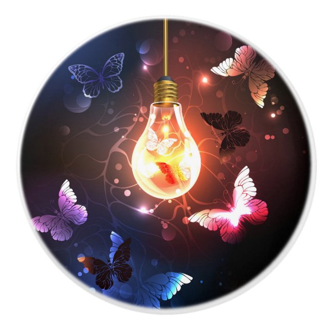 Glowing Light Bulb with Night Butterflies Ceramic Knob (Front)