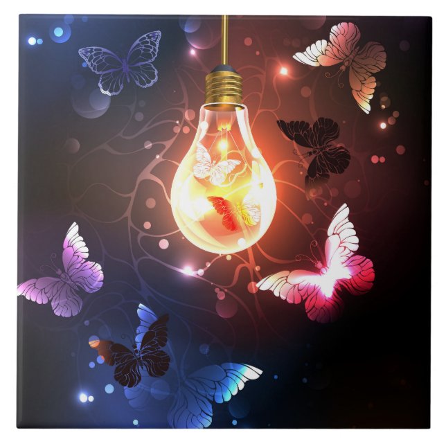 Glowing Light Bulb with Night Butterflies Ceramic Tile (Front)