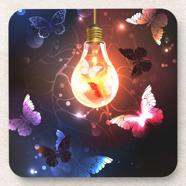 Glowing Light Bulb with Night Butterflies Coaster (Front)