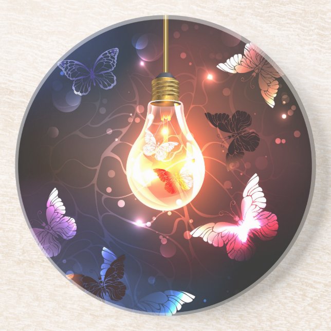 Glowing Light Bulb with Night Butterflies Coaster (Front)