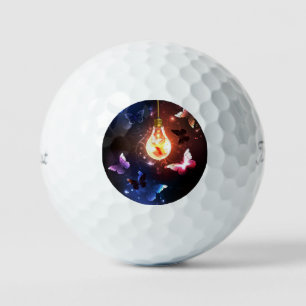 Glowing Light Bulb with Night Butterflies Golf Balls