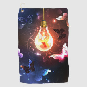 Glowing Light Bulb with Night Butterflies Golf Towel