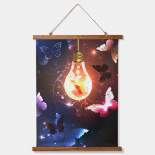 Glowing Light Bulb with Night Butterflies Hanging Tapestry