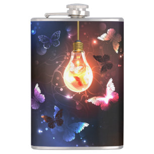 Glowing Light Bulb with Night Butterflies Hip Flask