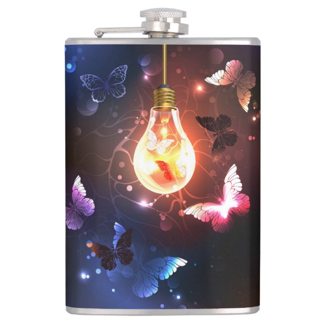 Glowing Light Bulb with Night Butterflies Hip Flask (Front)