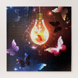 Glowing Light Bulb with Night Butterflies Jigsaw Puzzle
