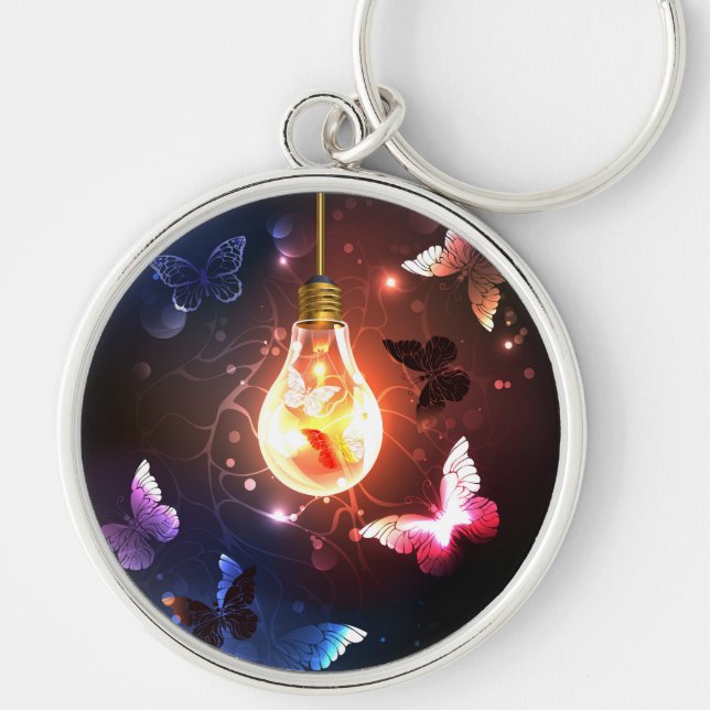 Glowing Light Bulb with Night Butterflies Key Ring (Front)