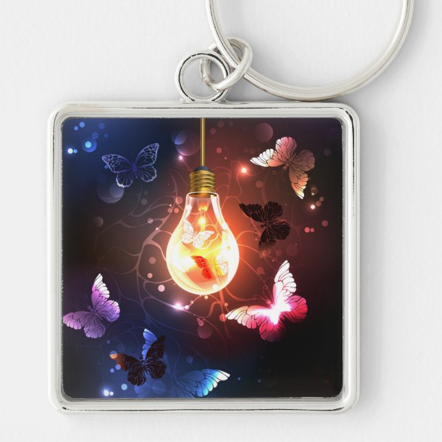 Glowing Light Bulb with Night Butterflies Key Ring (Front)