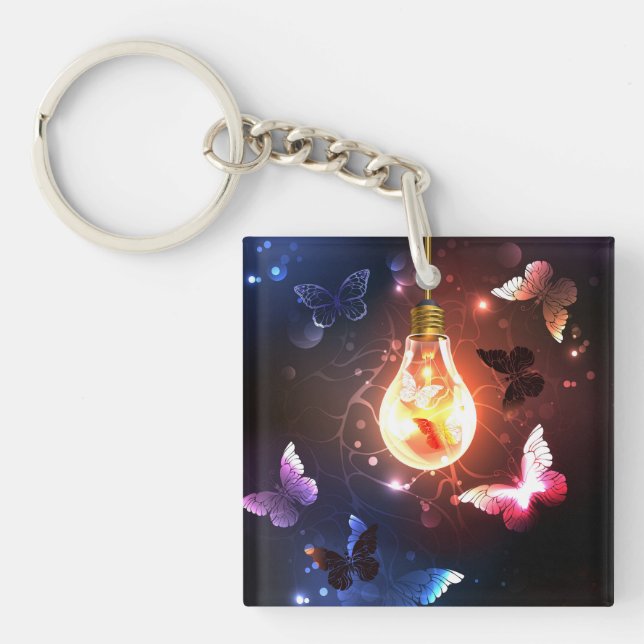 Glowing Light Bulb with Night Butterflies Key Ring (Front)