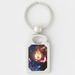 Glowing Light Bulb with Night Butterflies Key Ring