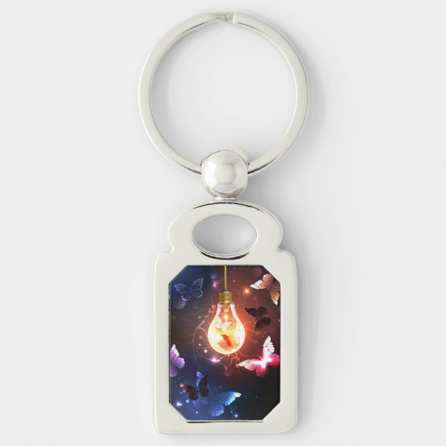 Glowing Light Bulb with Night Butterflies Key Ring (Front)