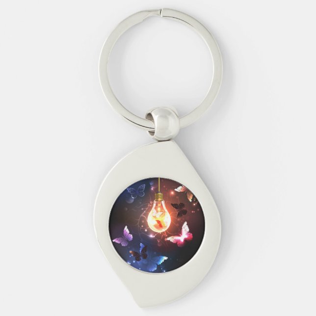 Glowing Light Bulb with Night Butterflies Key Ring (Front)