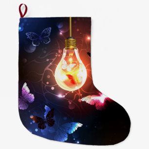 Glowing Light Bulb with Night Butterflies Large Christmas Stocking