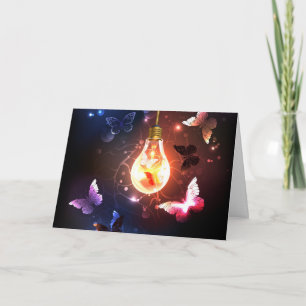 Glowing Light Bulb with Night Butterflies Note Card