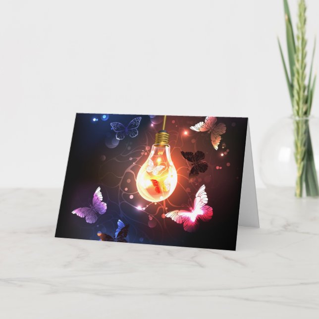 Glowing Light Bulb with Night Butterflies Note Card (Front)