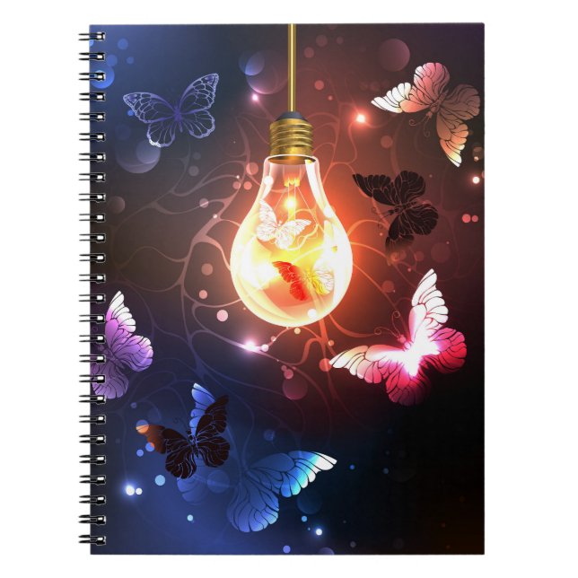 Glowing Light Bulb with Night Butterflies Notebook (Front)