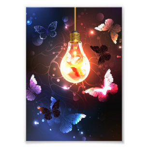 Glowing Light Bulb with Night Butterflies Photo Print