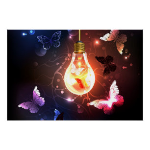 Glowing Light Bulb with Night Butterflies Poster
