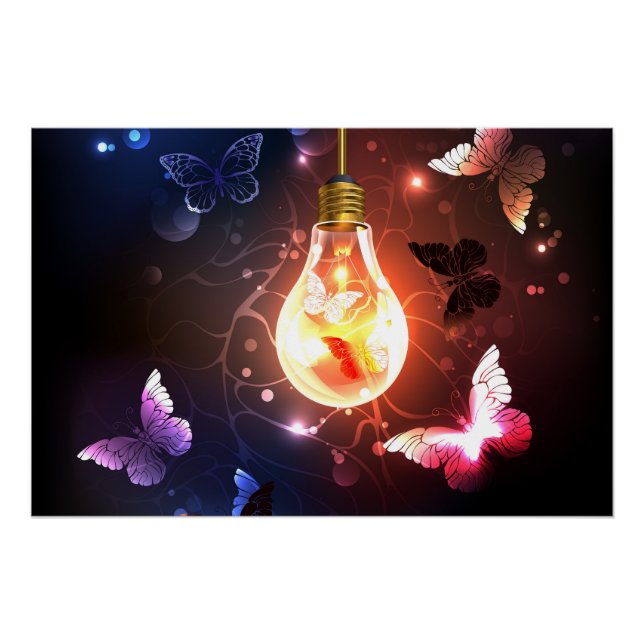 Glowing Light Bulb with Night Butterflies Poster (Front)