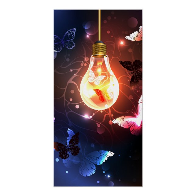 Glowing Light Bulb with Night Butterflies Poster (Front)