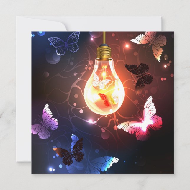 Glowing Light Bulb with Night Butterflies Save The Date (Front)