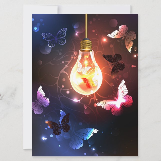 Glowing Light Bulb with Night Butterflies Save The Date (Front)