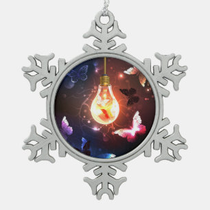 Glowing Light Bulb with Night Butterflies Snowflake Pewter Christmas Ornament