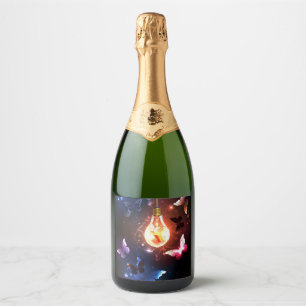 Glowing Light Bulb with Night Butterflies Sparkling Wine Label
