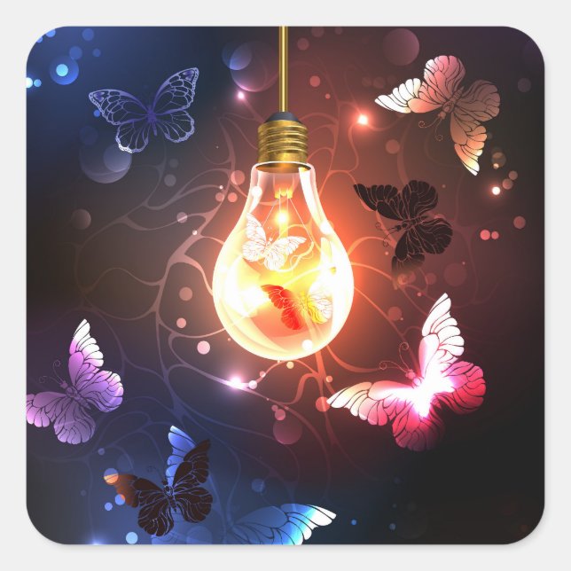 Glowing Light Bulb with Night Butterflies Square Sticker (Front)