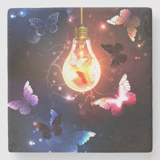 Glowing Light Bulb with Night Butterflies Stone Coaster (Front)