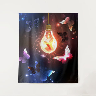 Glowing Light Bulb with Night Butterflies Tapestry