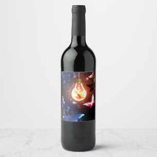 Glowing Light Bulb with Night Butterflies Wine Label