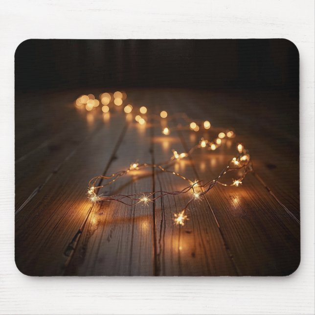 Glowing Light String On a Wood Floor Mouse Pad (Front)