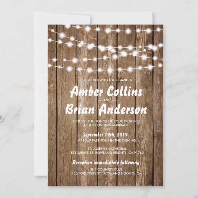 Glowing Lights Rustic Barn Wood Country Wedding Invitation (Front)