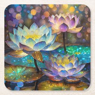 Glowing Lotus Flowers Trio Square Paper Coaster